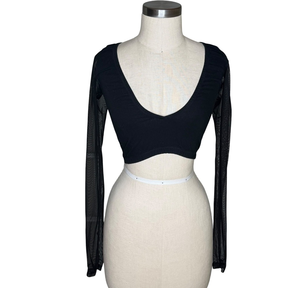 MOLDIE GOLDIES Crop Top Black Sheer Mesh Sleeve V-Neck Women's Size Small